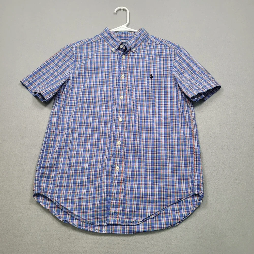 Ralph Lauren Boys Blue Plaid Short Sleeve Button Down Shirt Size L 14-16